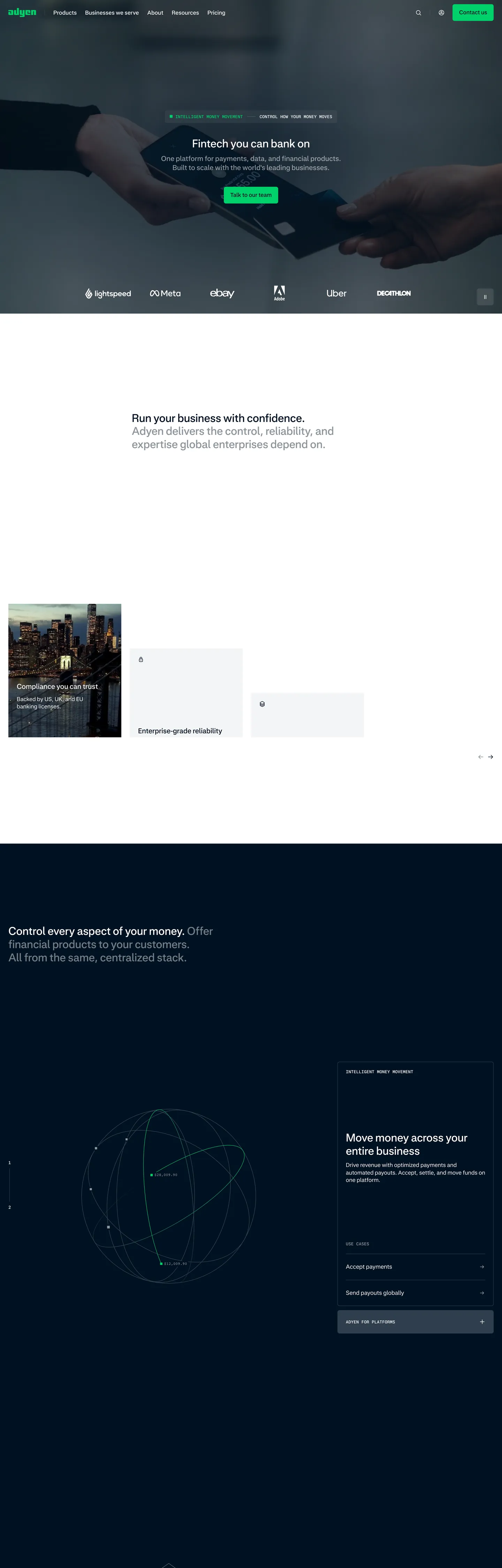 Screenshot of Adyen's website at adyen.com
