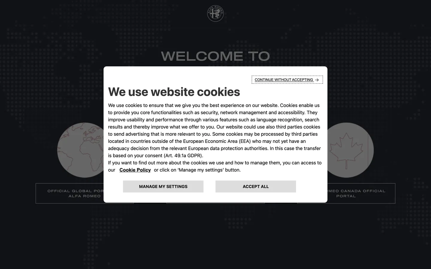 Screenshot of Alfa Romeo's website at alfaromeo.com