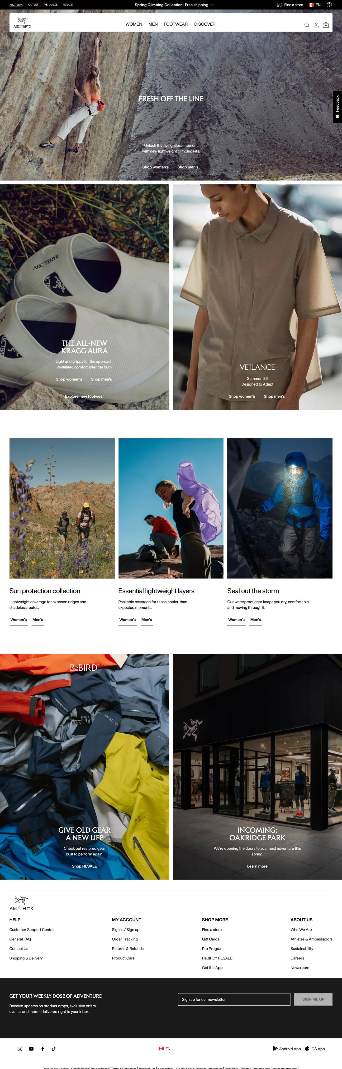 Arc'teryx's website at arcteryx.com