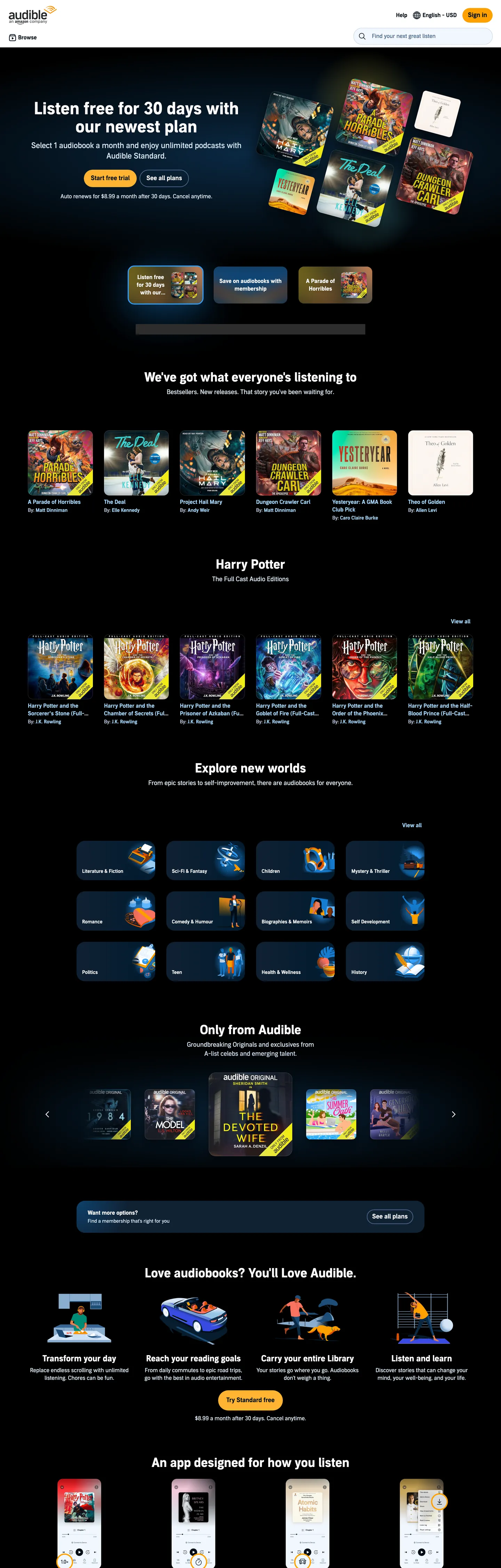 Audible's website at audible.com