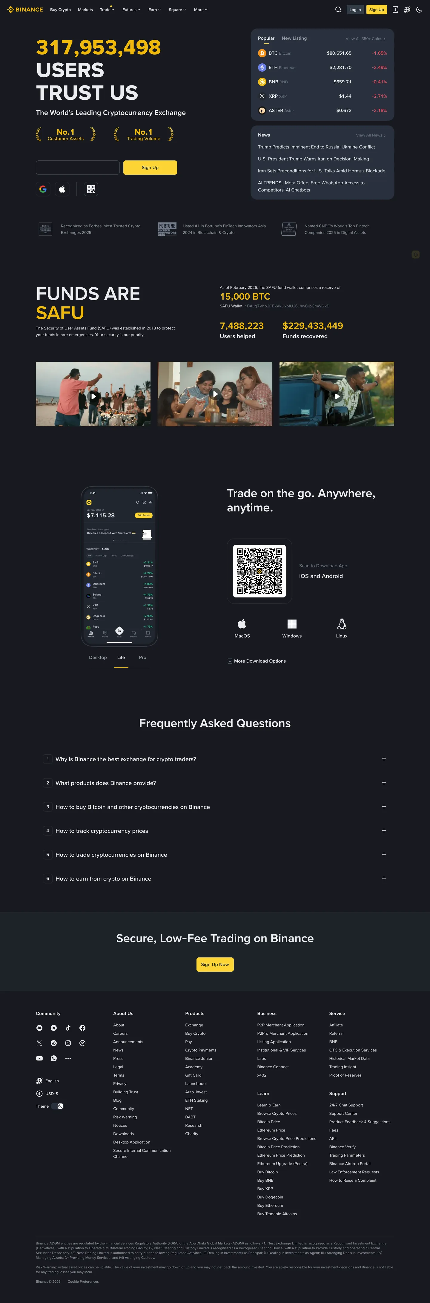 Binance's website at binance.com