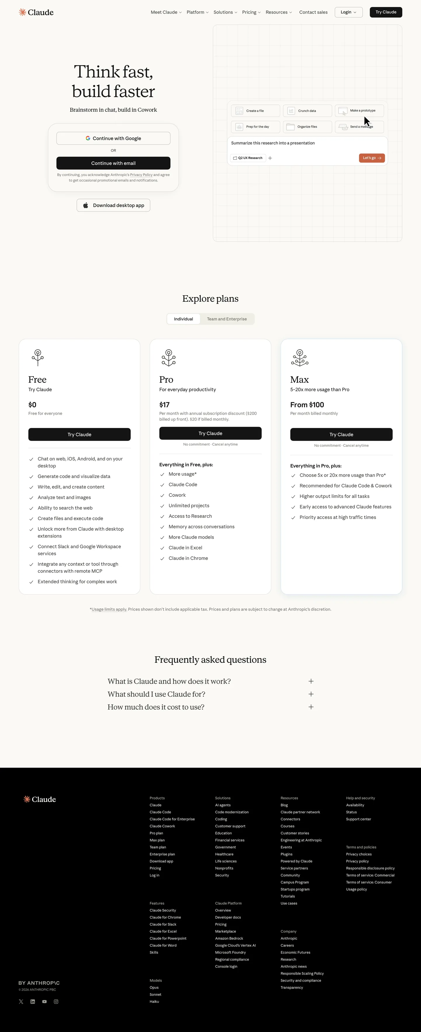 Screenshot of Claude's website at claude.com