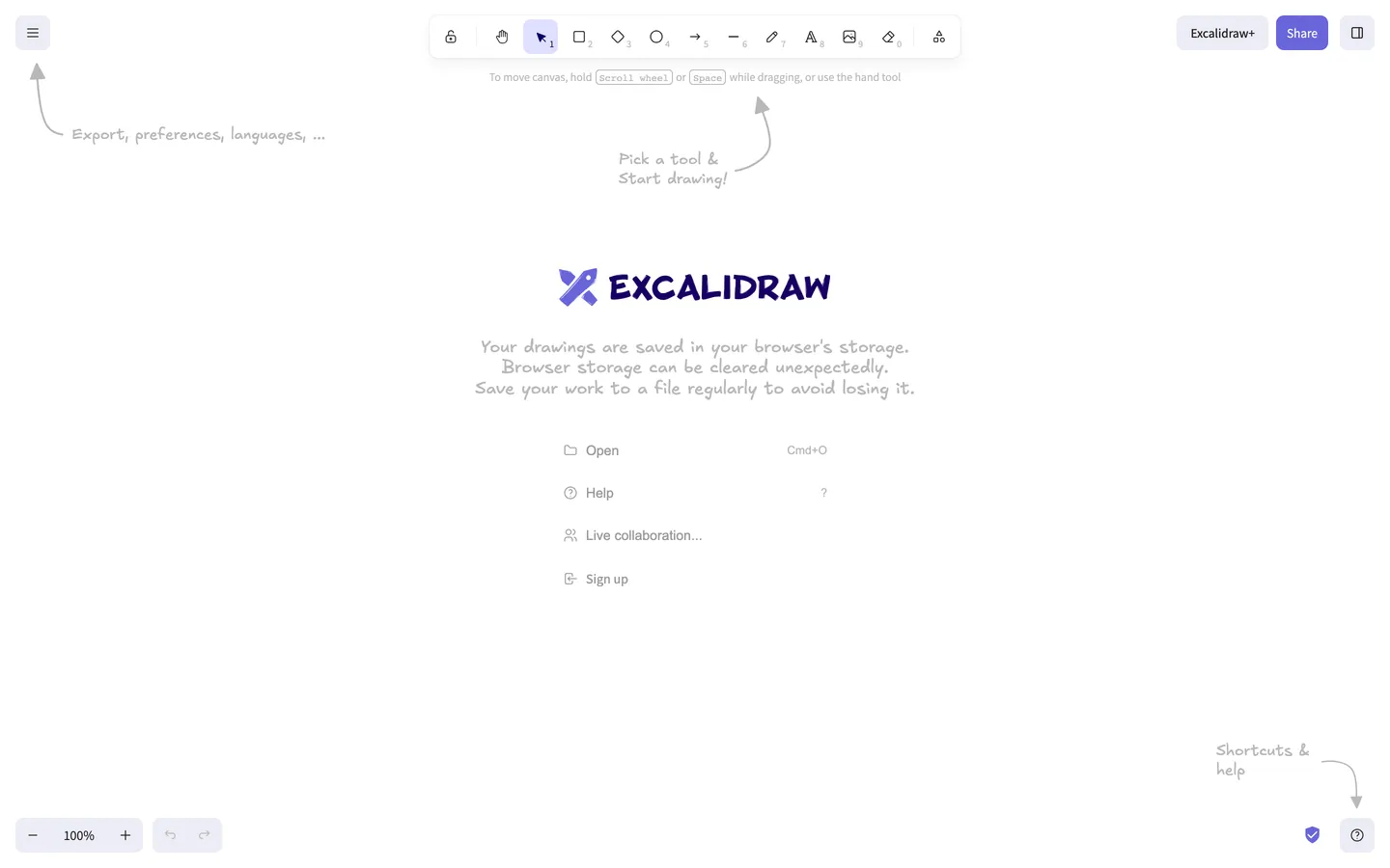 Excalidraw's website at excalidraw.com