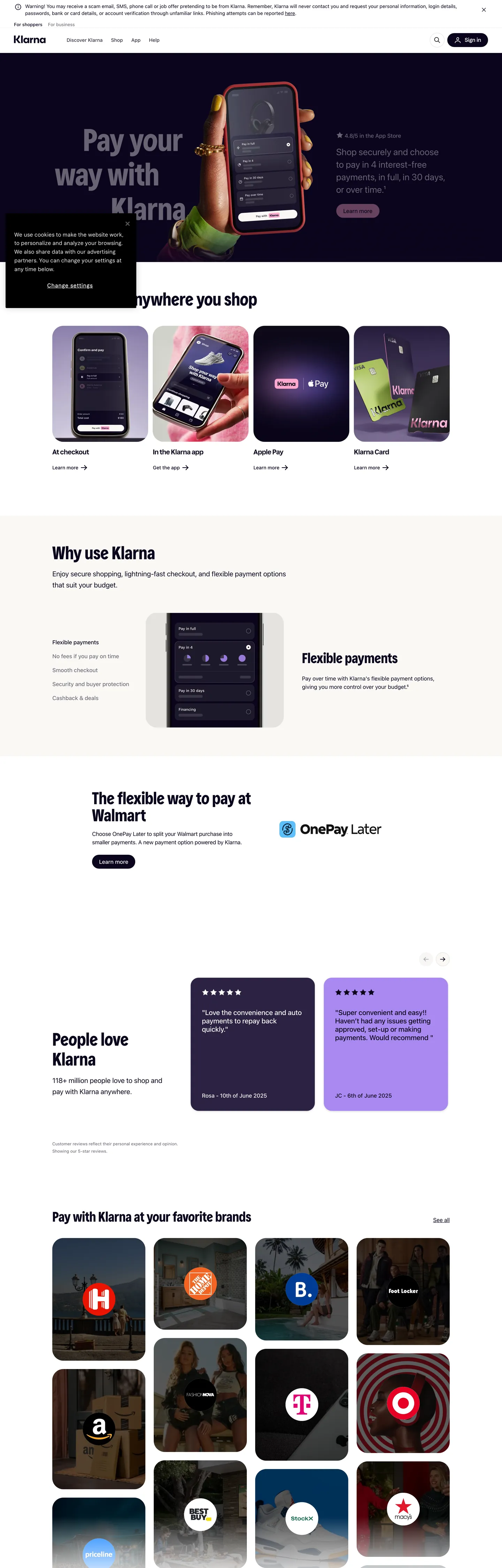 Klarna's website at klarna.com
