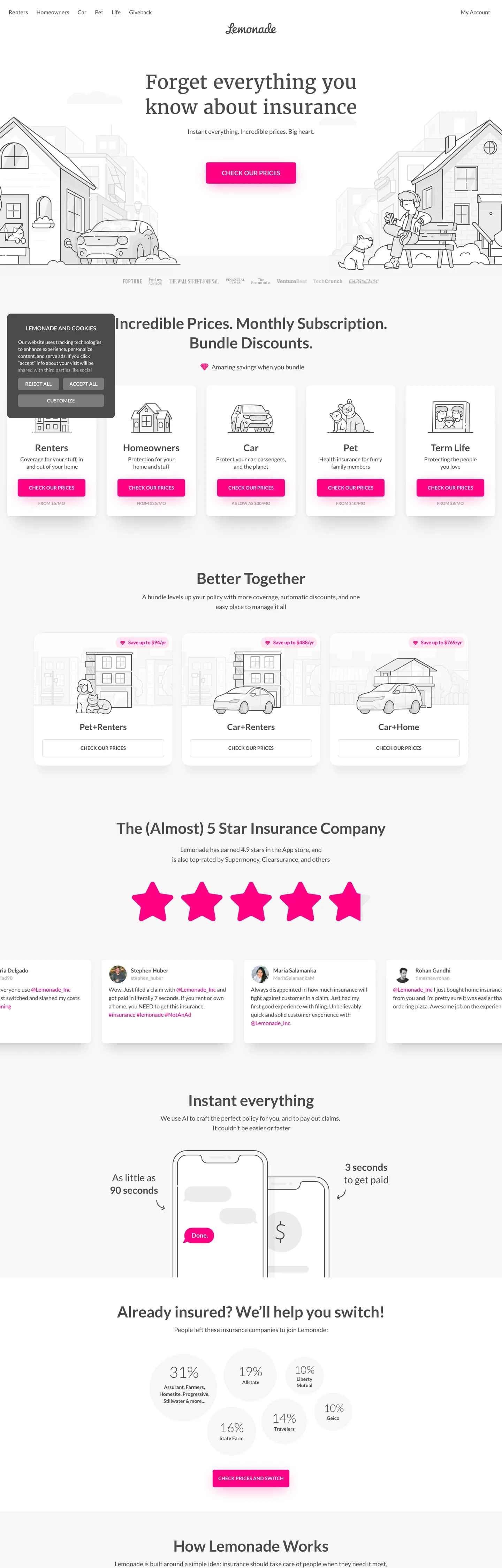 Lemonade's website at lemonade.com