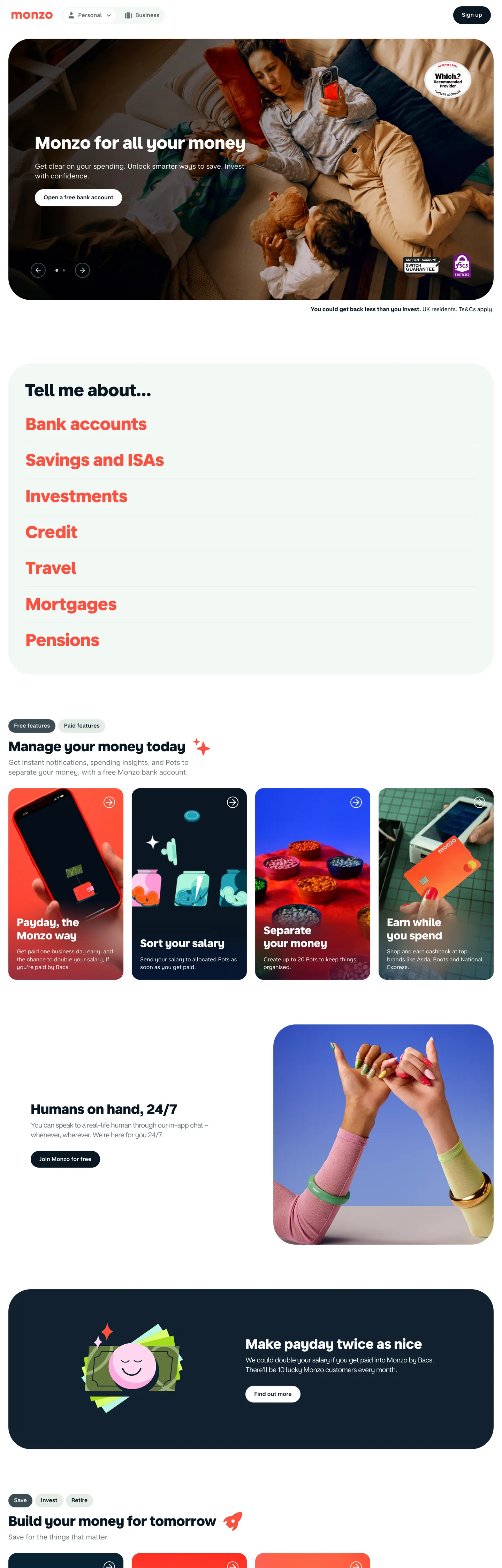 Monzo's website at monzo.com