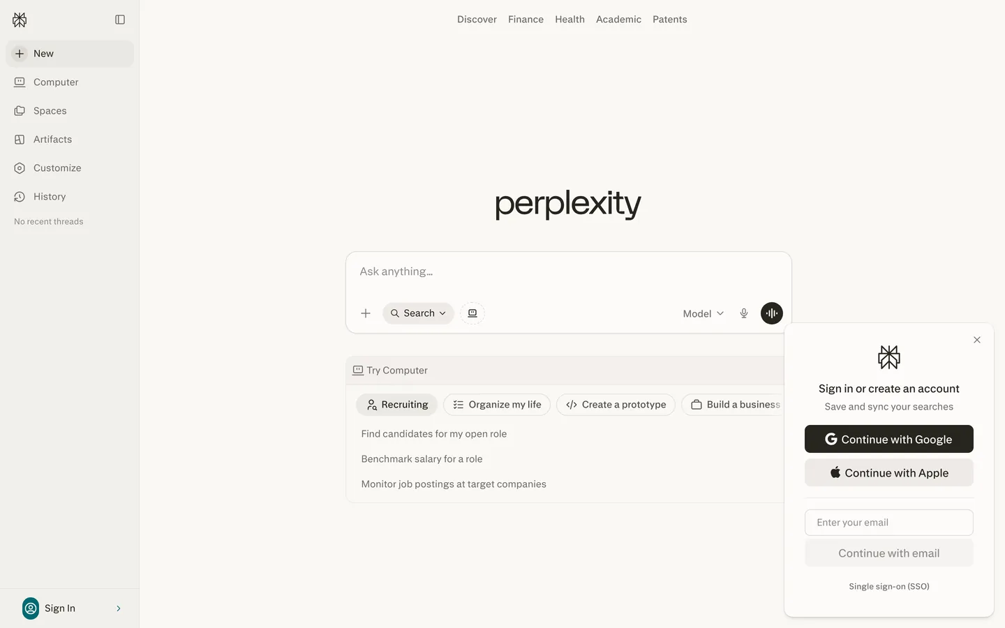 Perplexity's website at perplexity.ai
