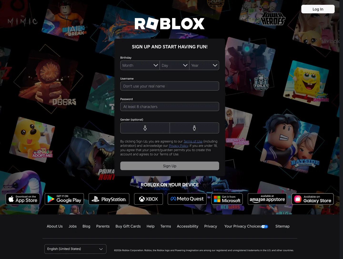 Roblox's website at roblox.com