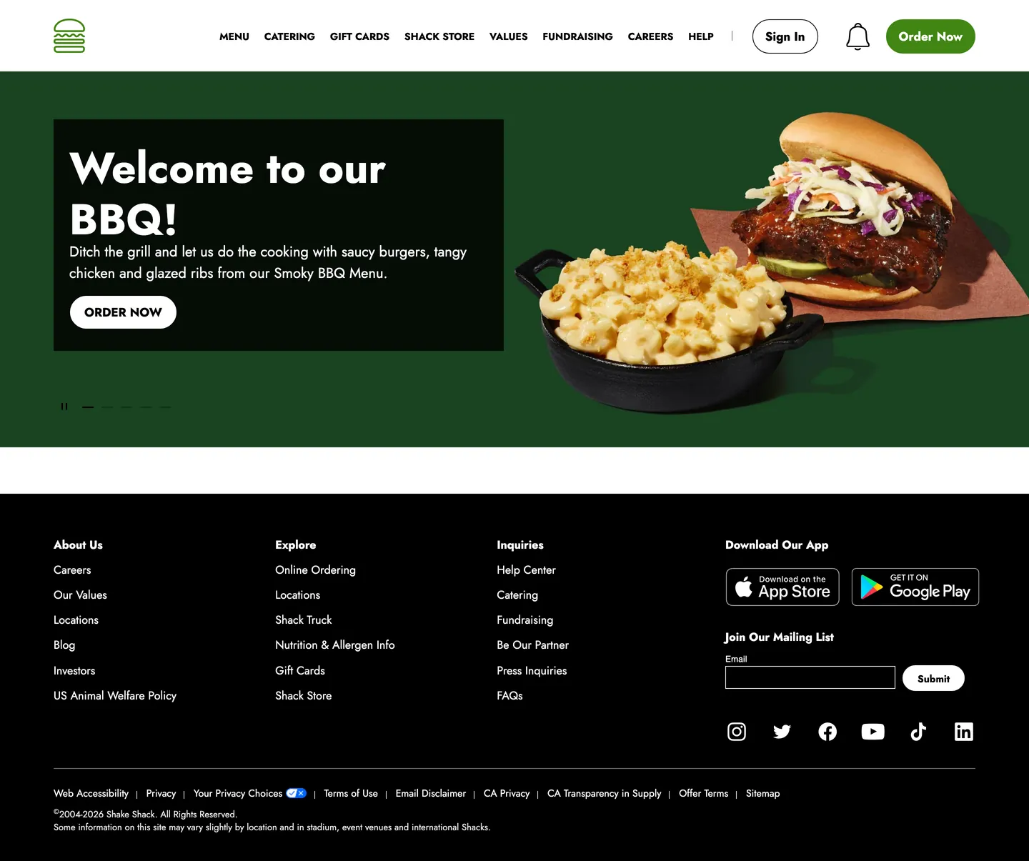 Shake Shack's website at shakeshack.com