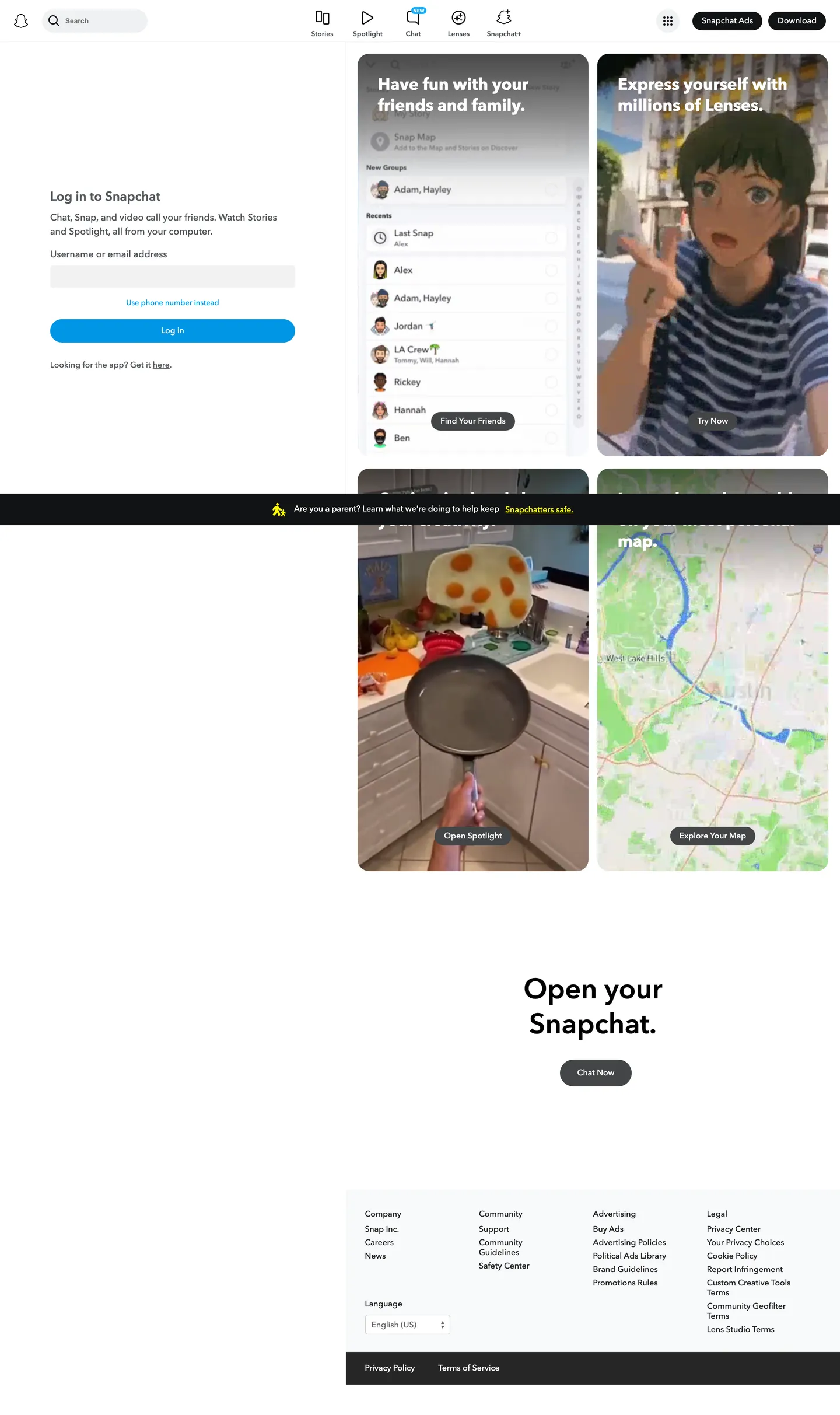 Snapchat's website at snapchat.com