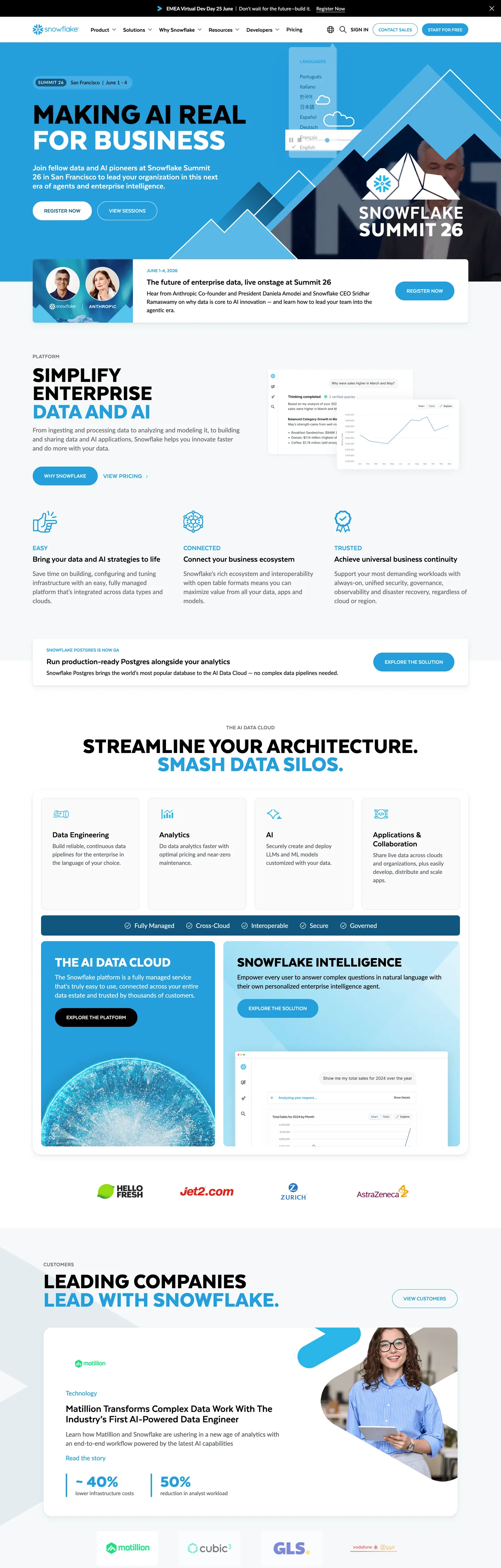 Snowflake's website at snowflake.com