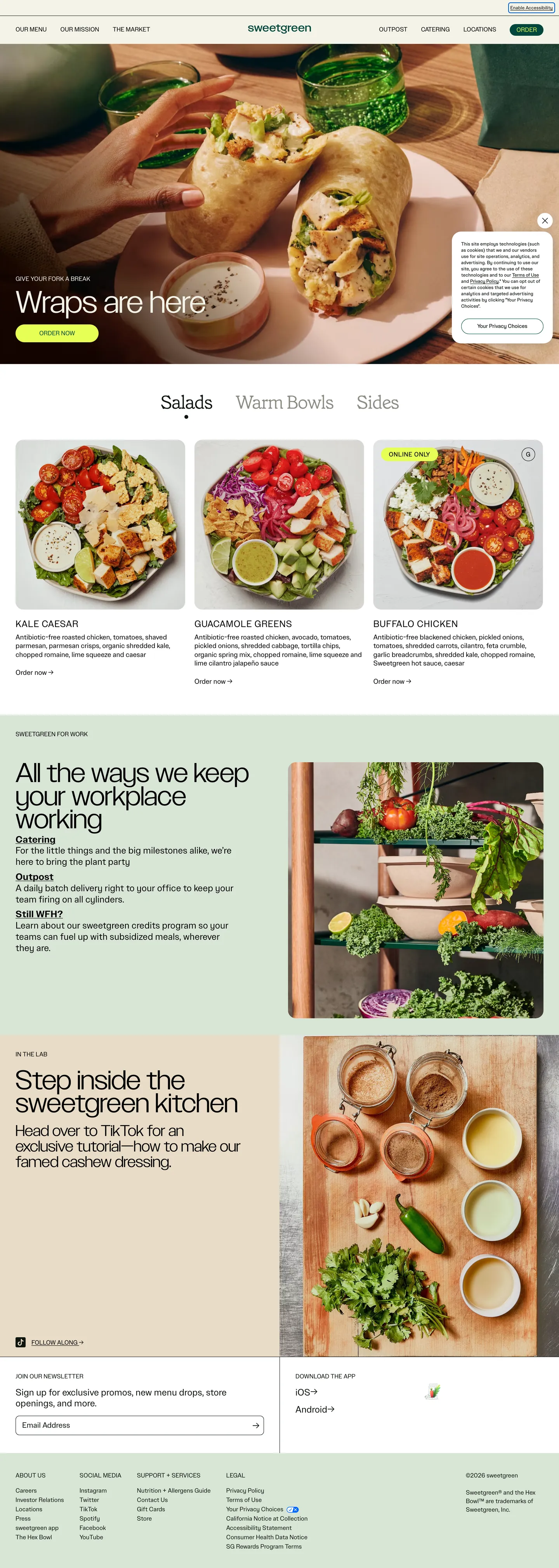 sweetgreen's website at sweetgreen.com