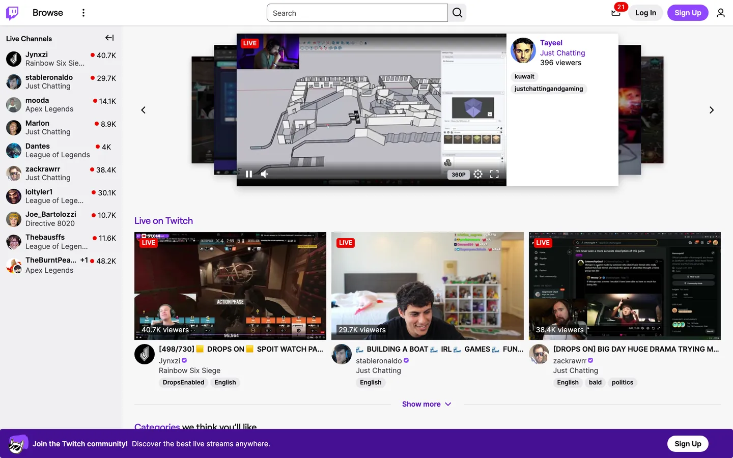 Twitch's website at twitch.tv