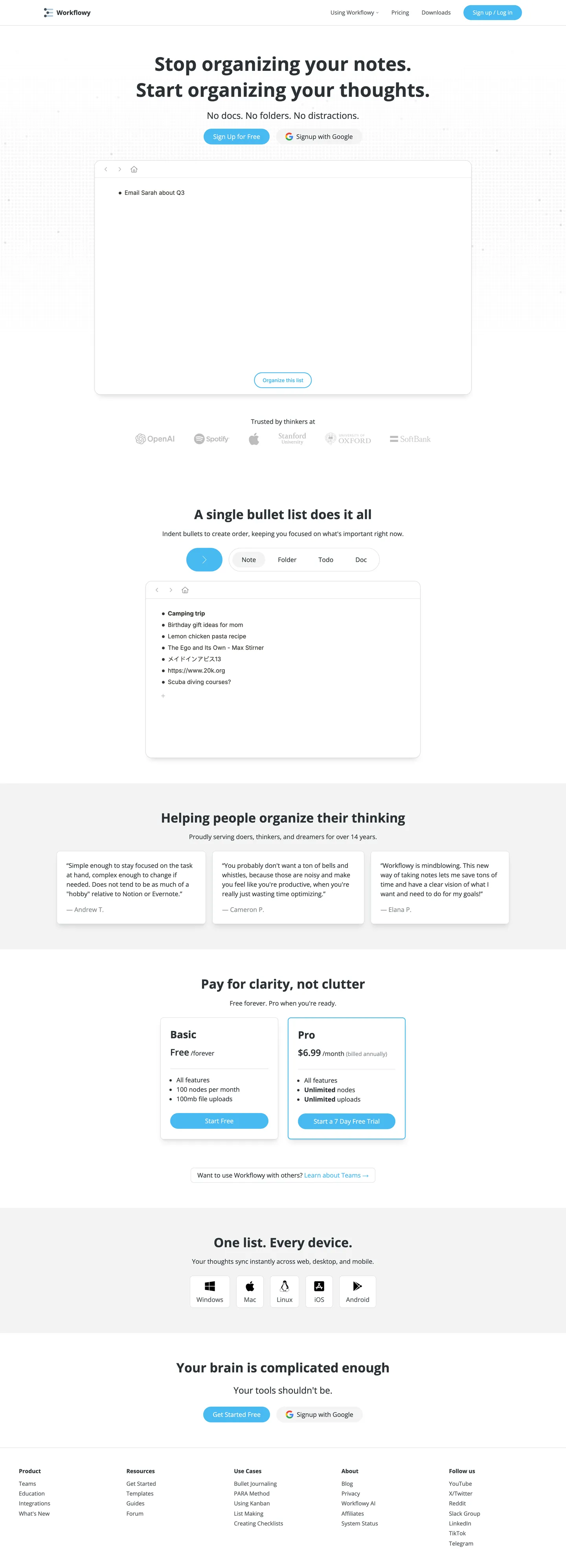 Workflowy's website at workflowy.com