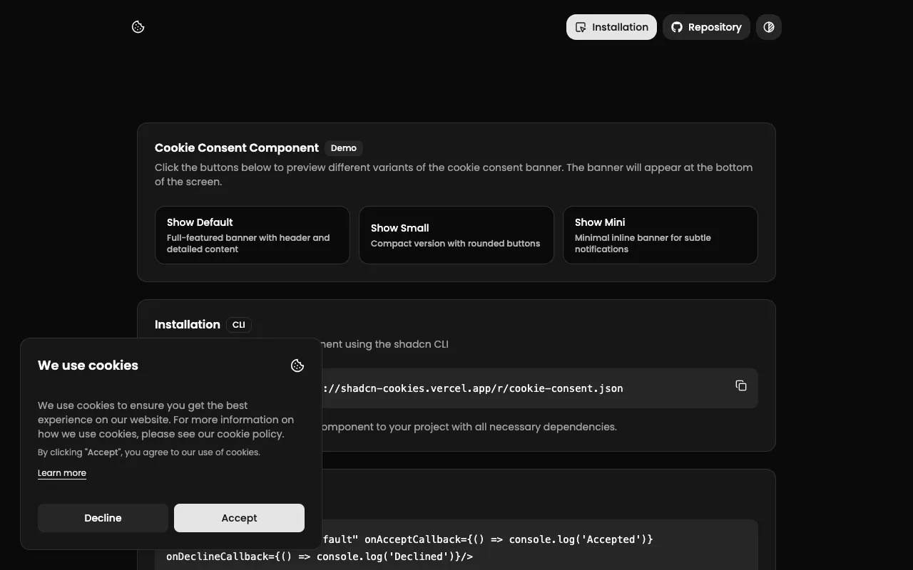 shadcn-cookie-consent - Screenshot preview