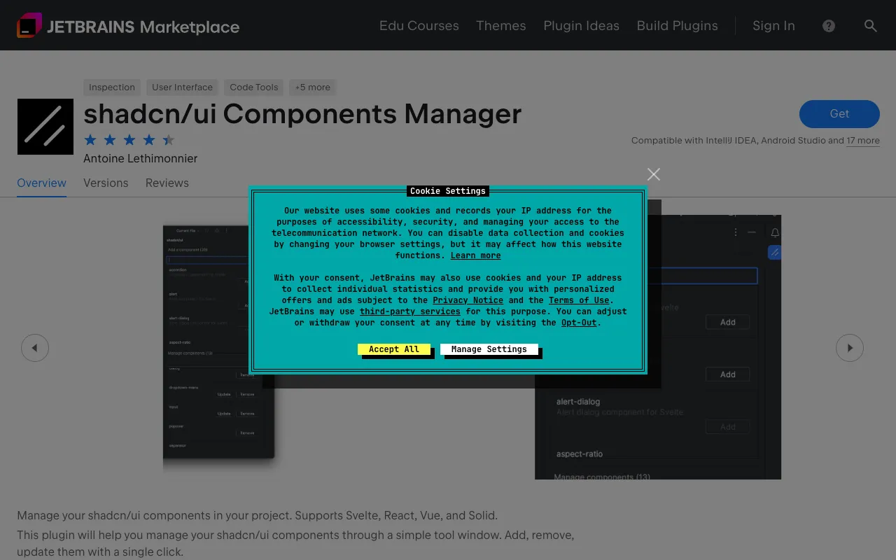 shadcn/ui Components Manager - Screenshot preview